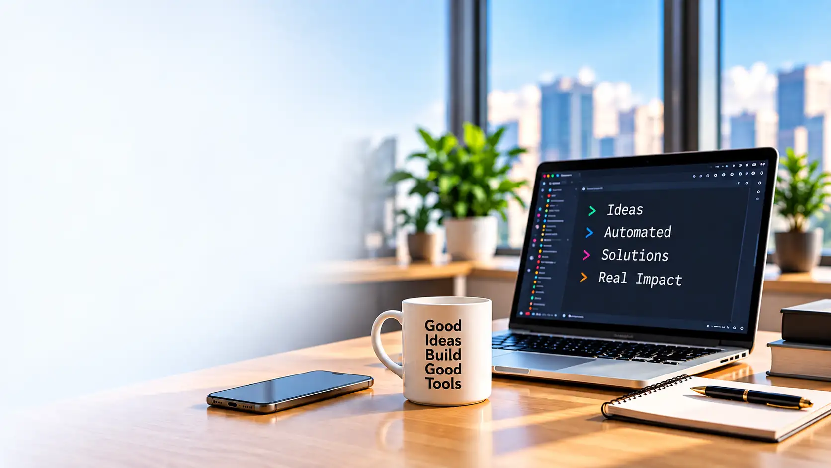 A sunlit desk with a laptop, a mug that reads Good Ideas Build Good Tools, a phone, and a notebook