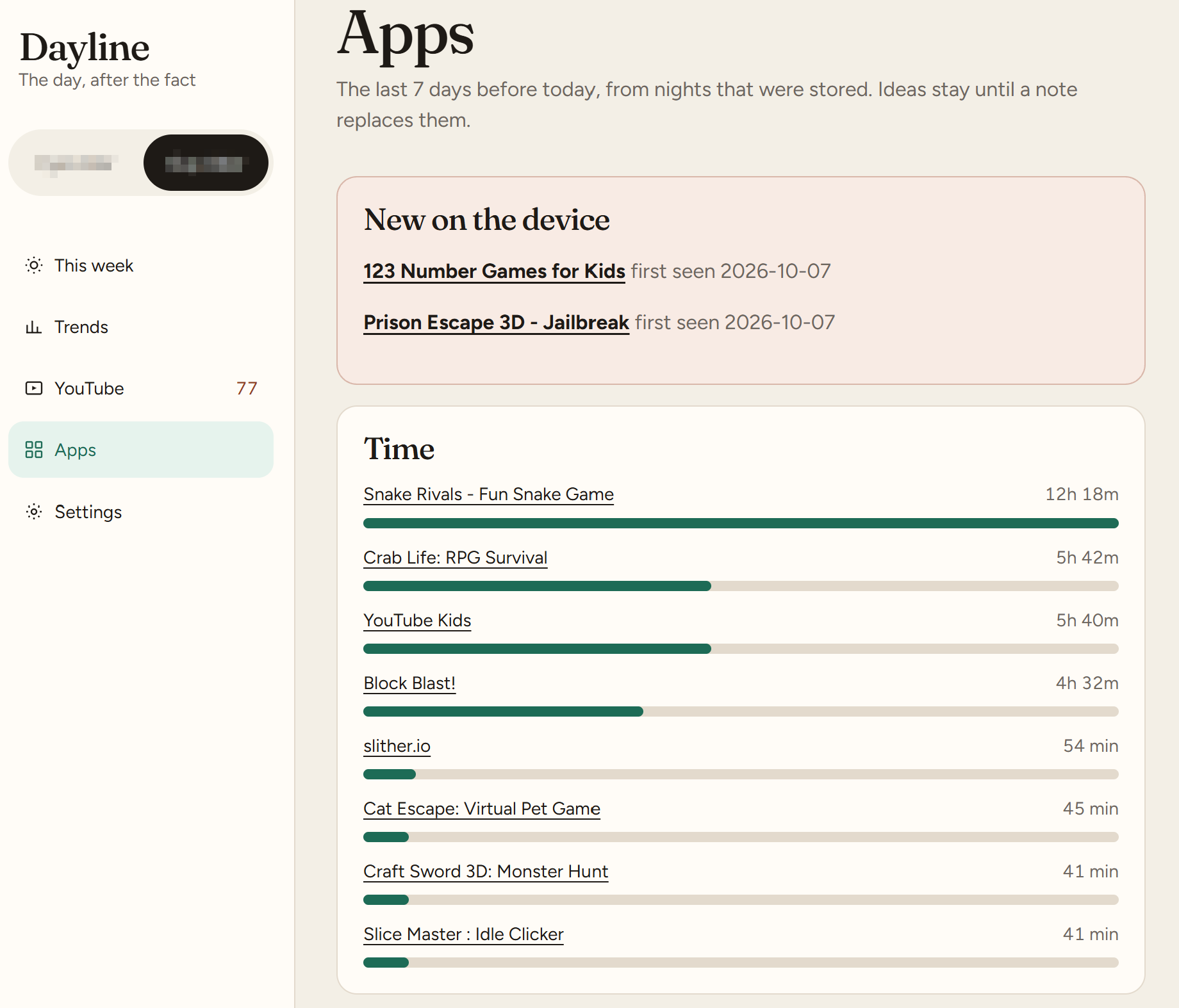 Apps from the last 7 stored days, including apps new on the device.